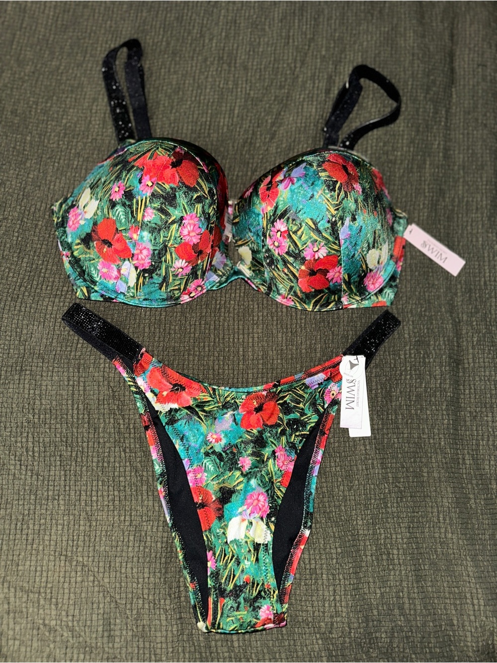 Victoria's Secret Green Floral Bikini Top with Black Accents